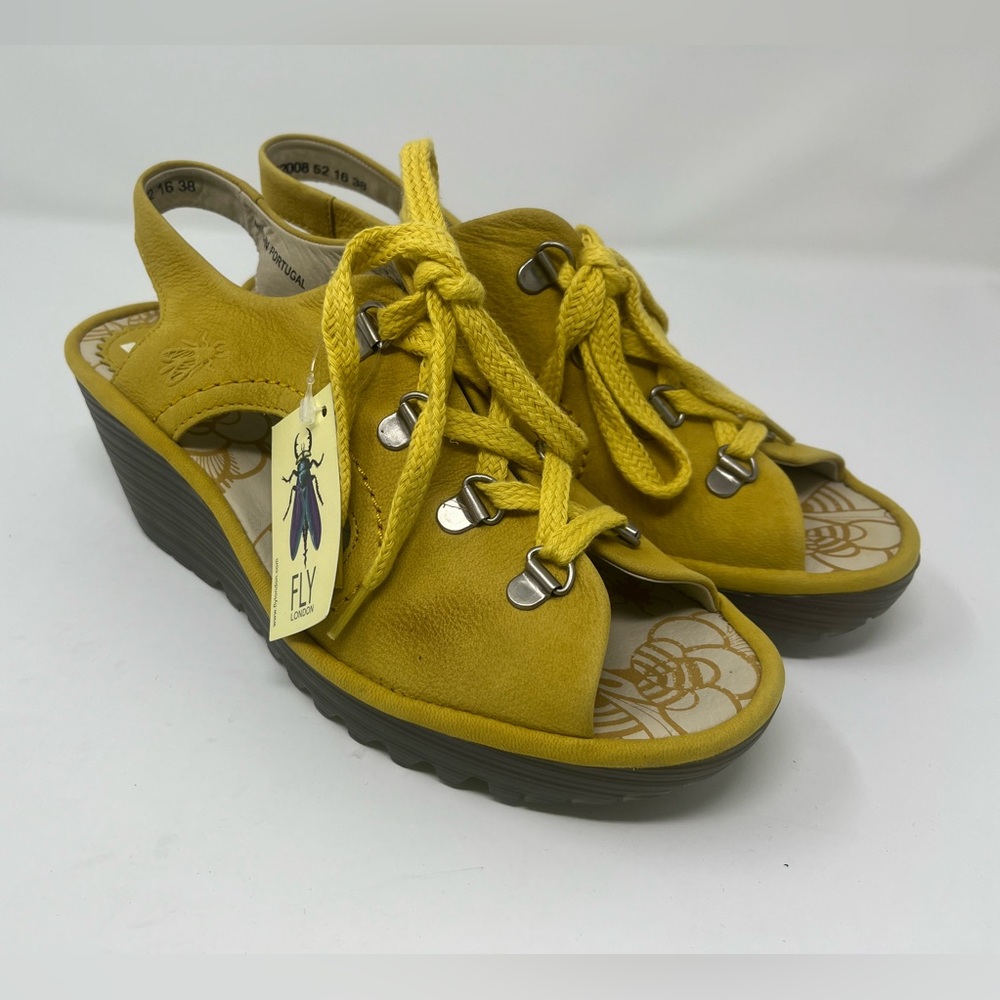FLY LONDON Cupido Sandals Sz US 7.5/8| EU 38 Lemon Yellow Wedges NEW